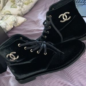 CHANEL VELVET LACE UP BOOTS